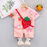 Round neck floral strawberry strap two piece short sleeve suit